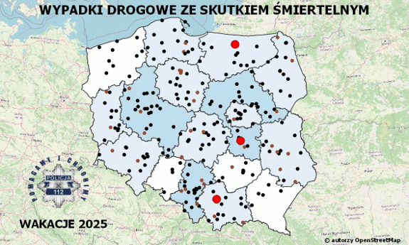 Policyjna mapa wypadków drogowych ze skutkiem śmiertelnym – Wakacje 2025