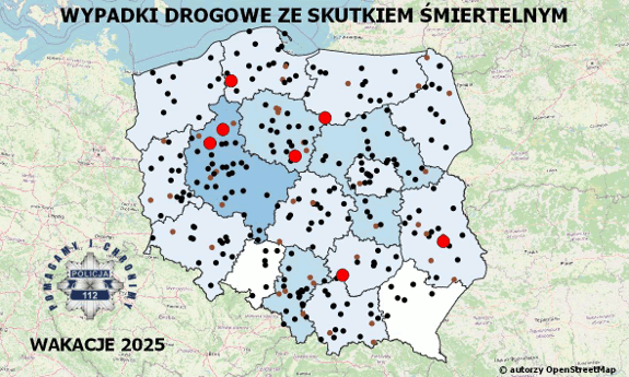 Policyjna mapa wypadków drogowych ze skutkiem śmiertelnym – Wakacje 2025